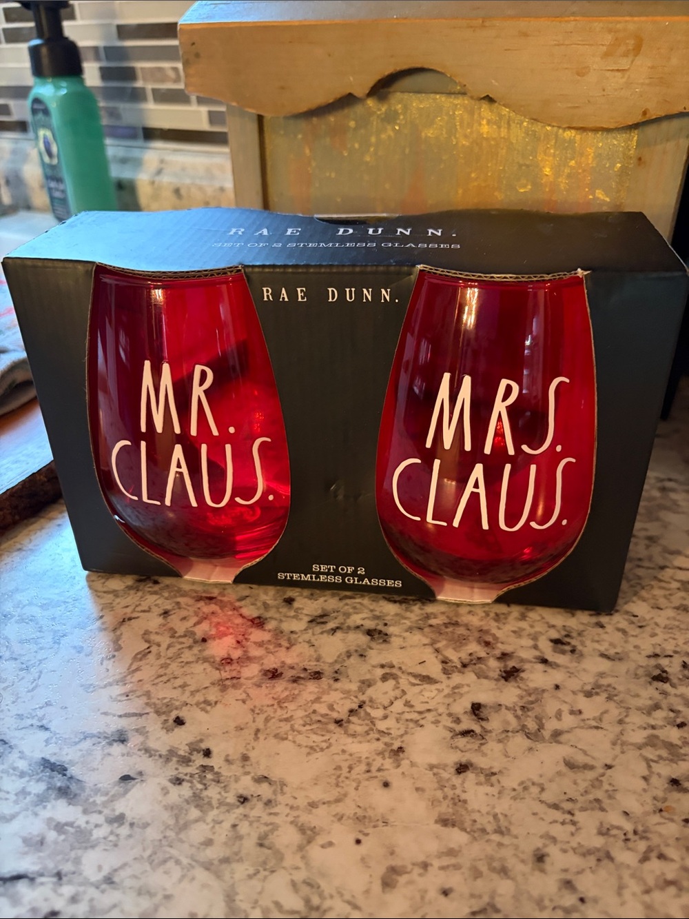 Rae Dunn Red "Mr. Claus" & "Mrs. Claus" Stemless Glasses Set